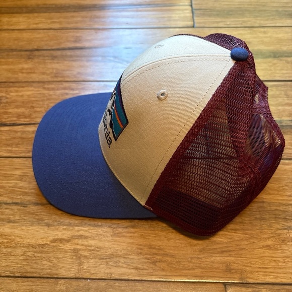 Patagonia Mesh Back Trucker Hat Cap Mountain Logo Patch Blue Maroon Snapback - Picture 4 of 10